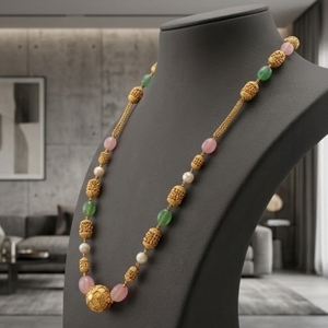 Antique 925 Silver <b>Necklace</b> with Pink and Green Beads Long Chain Mala <b>Statement</b> Jewelry for Women Wedding and Party Wear - Product Image 2