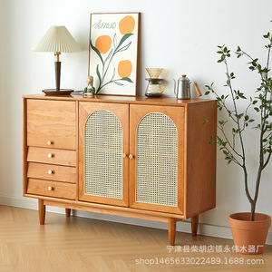 Cherry Wood <b>Sideboard</b> Rattan <b>Storage</b> Cabinet Modern Minimalist Solid Wood For Dining Room - Product Image 3