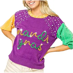 Oem sweater Mardi rajut wanita, sweater Mardi berwarna hijau emas ungu, manik-manik wanita