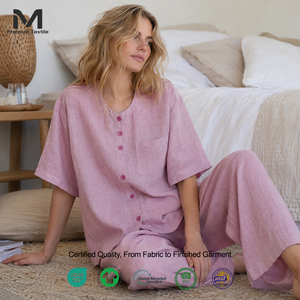 Conjunto de camisa y pantalones de mezcla de lino y algodón para <span class=keywords><strong>mujer</strong></span>, conjunto de dos piezas de manga corta y pierna ancha, ropa de dormir para exteriores SOFT09 - Product Image 1