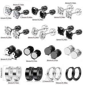 ชุดต่างหูสแตนเลสประดับเซอร์คอน 14 คู่ สำหรับผู้ชายและผู้หญิง ต่างหูบาร์เบลสีเงิน ดีไซน์เรขาคณิตสีดำ - Product Image 5