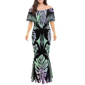 Vestidos de mujer con estampado de estrella de mar y concha de diseño marino, vestido de fiesta de cola de pez con hombros descubiertos y volantes de talla grande para mujer - Product Image 4