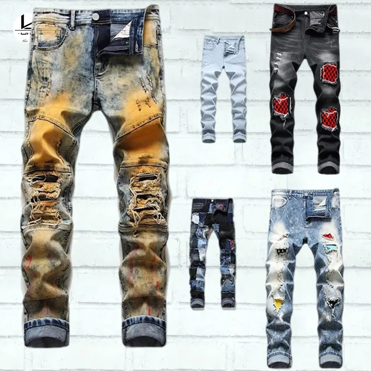 Hot Sale Fashion Mens Design Patchwork Color Stitching Denim Trousers Jean Pants