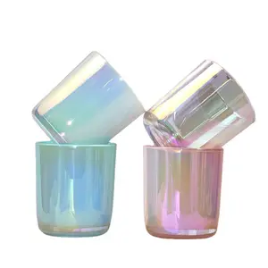 Contenitore per candele all'ingrosso placcato con fondo rotondo arcobaleno in vetro iridescente barattoli di candela con coperchio