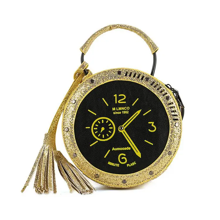 이동 파티 크리 에이 티브 시계 라운드 디자인 Pu 가죽 지갑 및 핸드백 어린 소녀 어깨 가방 스팽글 토트 크로스 바디 가방