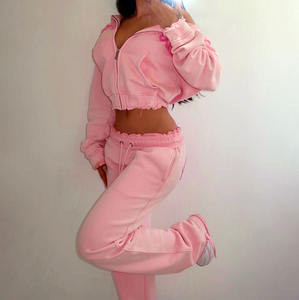 Ensemble survêtement rose personnalisé pour femme, 2 pièces, en molleton de coton French Terry, lavage vintage, streetwear, sweat à capuche - Product Image 5