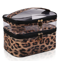 Sac de maquillage professionnel personnalisé à imprimé léopard, double couche, en PVC transparent et PU, trousse de toilette, organiseur de cosmétiques de voyage