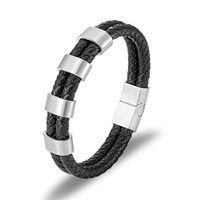 Bracelet en cuir tressé argenté en acier inoxydable 316L, double brin, fermoir à crochet, cordon noir, nœud rond, bijoux pour hommes, OEM personnalisé