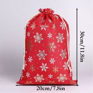 Sacs en lin à cordon de serrage pour Noël, 20x30cm, imprimé flocon de neige et renne doré, pochette cadeau en toile de jute, emballage pour bonbons de Noël - Product Image 4
