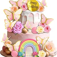 Schmetterling-Rosen-Geburtstagstorten-Deko-Set, Happy Birthday Regenbogen-Blumen-Tortendekoration, Rosa Party-Zubehör, Kuchen-Dekoration