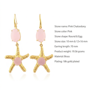 Nouvelle Arrivée Boucles d'Oreilles Pendantes Étoile de Mer en Calcédoine Rose, Laiton Massif Plaqué Or 18 carats, Style Bohème, Bijoux de Plage, Boucles d'Oreilles à Crochet pour Femme - Product Image 1