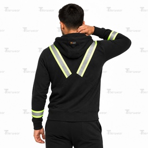 Sudadera con capucha negra para hombre con cremallera, tiras reflectantes de alta visibilidad, ropa de trabajo de seguridad - Product Image 4