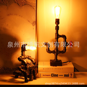 Industrial Pipe Robot Table <b>Lamp</b> Iron Material Incandescent Bulb Decorative Lighting For Bedroom <b>Study</b> Bar Shop - Product Image 2