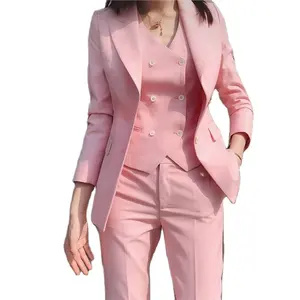 新款上市优雅正式工作服修身3 pcs套装女装双扣西装女裤套装办公制服