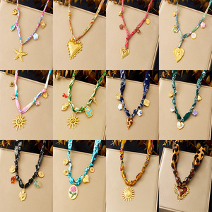 European American Style Retro Colorful Printed Fabric Rope Chain Heart Sun Flower Starfish Pendant Gold Plated Knotted Necklace - Product Image 1