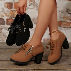 Chaussures pour femmes, bottes à talons hauts, nouvelle collection automne, 915, talons épais, bottes courtes, bout rond, lacets, bottes pour femmes - Product Image 1