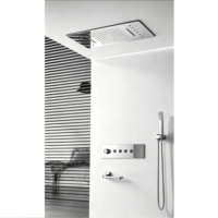Système de douche LED encastré thermostatique avec fixation au plafond, jet de pluie, douchette à main et bec de bain, contrôle indépendant du débit