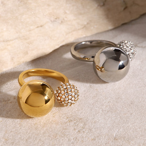 PVD Gold Stainless Steel Adjustable <b>Open</b> <b>Ring</b> for Women | Paved Crystal Ball & Polished Sphere | Waterproof & Hypoallergenic - Product Image 2