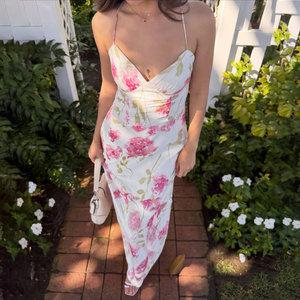 <b>Tie</b> Backless Floral Print Spaghetti Strap Long Dress French Elegant Vacation Style Sexy Romantic Dress - Product Image 3