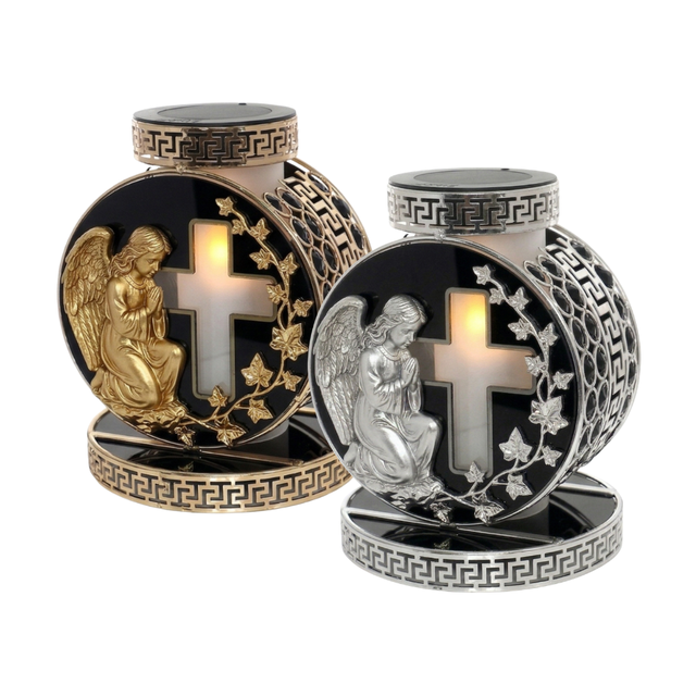 Solar Grave Lantern LED Cemetery Candle Lantern Christian Cross Angel Memorial Light Weatherproof for Grave Cemetery