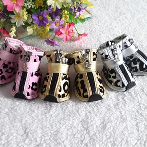 4 Stks/set Gold Leopard Lederen Hond Schoenen Pu Anti-Slip Boot Voor Kleine Honden Teddy Hond Kat Waterdichte schoenen Puppy Booties ZL353