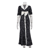 Robe longue élégante pour femme, à col à revers, manches courtes, nœud papillon, imprimé numérique personnalisé