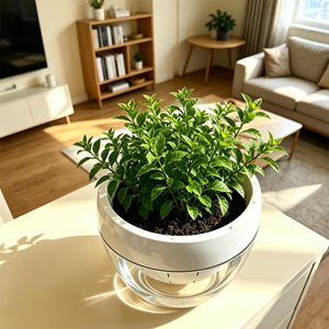 Vaso Moderno Rotondo Bianco e Trasparente con Sistema di Auto-Irrigazione e Livello d'Acqua Visibile per Arredamento Interno - Product Image 3