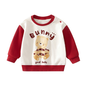 Sweat-shirt à boutons sur les épaules pour bébé, pull en coton avec motif d'ours de dessin animé, haut à col rond pour tout-petits, vêtements décontractés pour enfants - Product Image 1