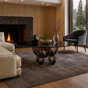 طاولة قهوة أكريليك تقليدية مخصصة من جينغ يوي بقاعدة سلسلة فريدة وسطح زجاجي أسود مقوى لديكور غرفة المعيشة والمكتب الأنيق - Product Image 4