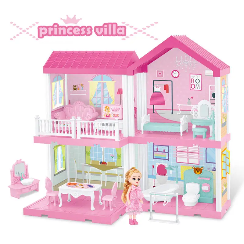 Popular 2 Floors Diy Construction Toy Pink Doll House With Many Simulation Of Furniture Building Block Toys For Children