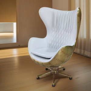 Chaise pivotante moderne en cuir véritable blanc avec dos en métal et laiton pour les loisirs, mobilier pour le salon, la salle à manger et l'hôtel - Product Image 3