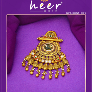 Traditional gold temple pendant with intricate filigree work green <b>stone</b> center and pearl danglers on elegant design - Product Image 2
