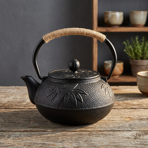 Théière traditionnelle chinoise en métal avec couvercle et poignée en bois, couleur noire - Product Image 6