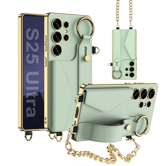 Golden Chain Premium PU Leather Case for Samsung for Galaxy S24 Ultra & S25 Ultra Magnetic Mobile Phone Wallet Bag