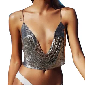 Zarif doku parlak Metal askı üst kulübü Backless Bralette plaj yular altın payetli Tank Top kaşkorse