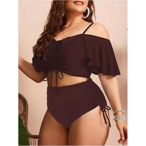 Ensemble tankini deux pièces grande taille pour femme, maillot de bain à épaules dénudées, volants et cordon de serrage, taille haute - Product Image 4