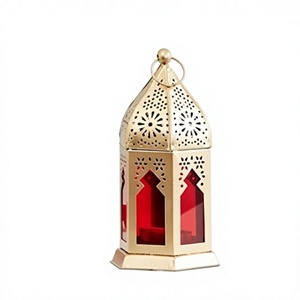 Lanterne en métal marocaine, porte-bougie tealight, lampe suspendue vintage avec verre turquoise pour la décoration de la maison - Product Image 2