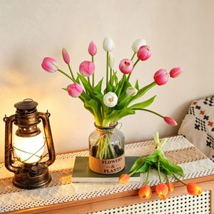 CallaFloral Fleurs artificielles en forme de tulipe en PVC souple, blanc, rose, rouge, jaune, orange, décoration de mariage et de maison, lot de 12 pièces - Product Image 1