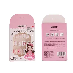 12Pcs Press on Pre-glue Full Cover Artificial Nails For Kids Lovely Rainbow Pink Children Little Girls Kids False Nails