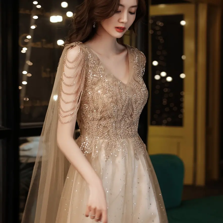 PDEP Banquet evening dress female 2023 new autumn elegant sequin beading party long wedding prom dress women