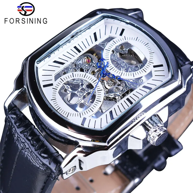 Часы наручные Forsining Мужские механические, классические прозрачные автоматические часы-скелетоны с белым циферблатом, с синими стрелками, в ретро стиле