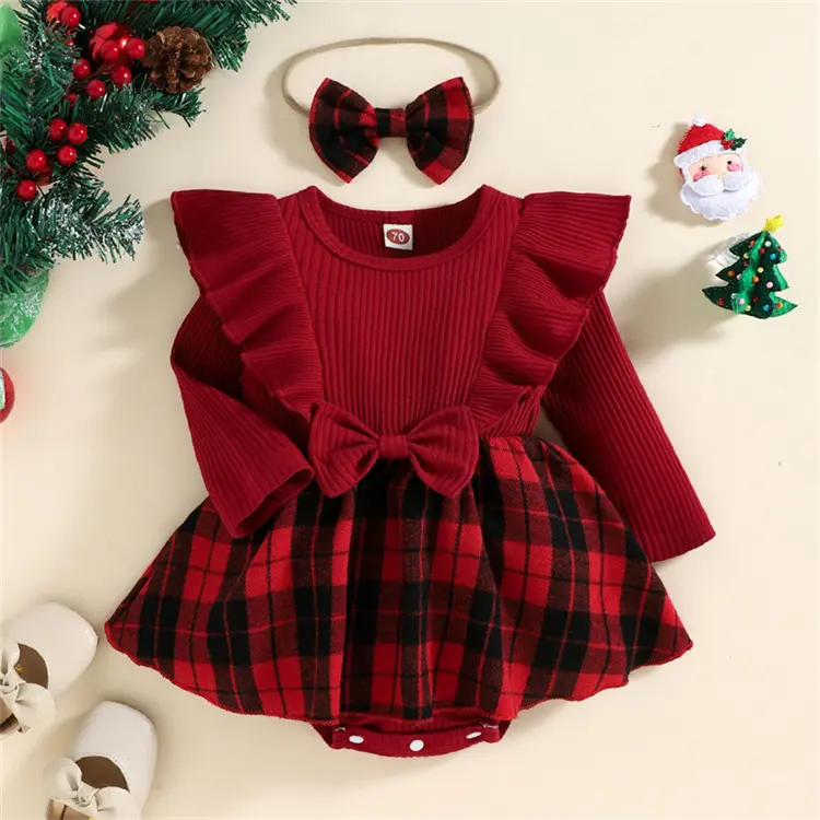 Long Sleeve Romper Baby Girl Knitted Plaid Red Rompers with Bows Newborn Dresses Fall Spring Cute Infant Girl Clothes