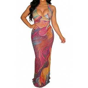 Robe longue moulante en maille transparente à imprimé abstrait et col licou pour femme, idéale pour les soirées et les événements – Collection Mode - Product Image 3