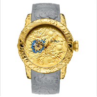 Montre automatique mécanique pour homme BIDEN 0129, sculpture de dragon dorée tendance, bracelet en silicone étanche.