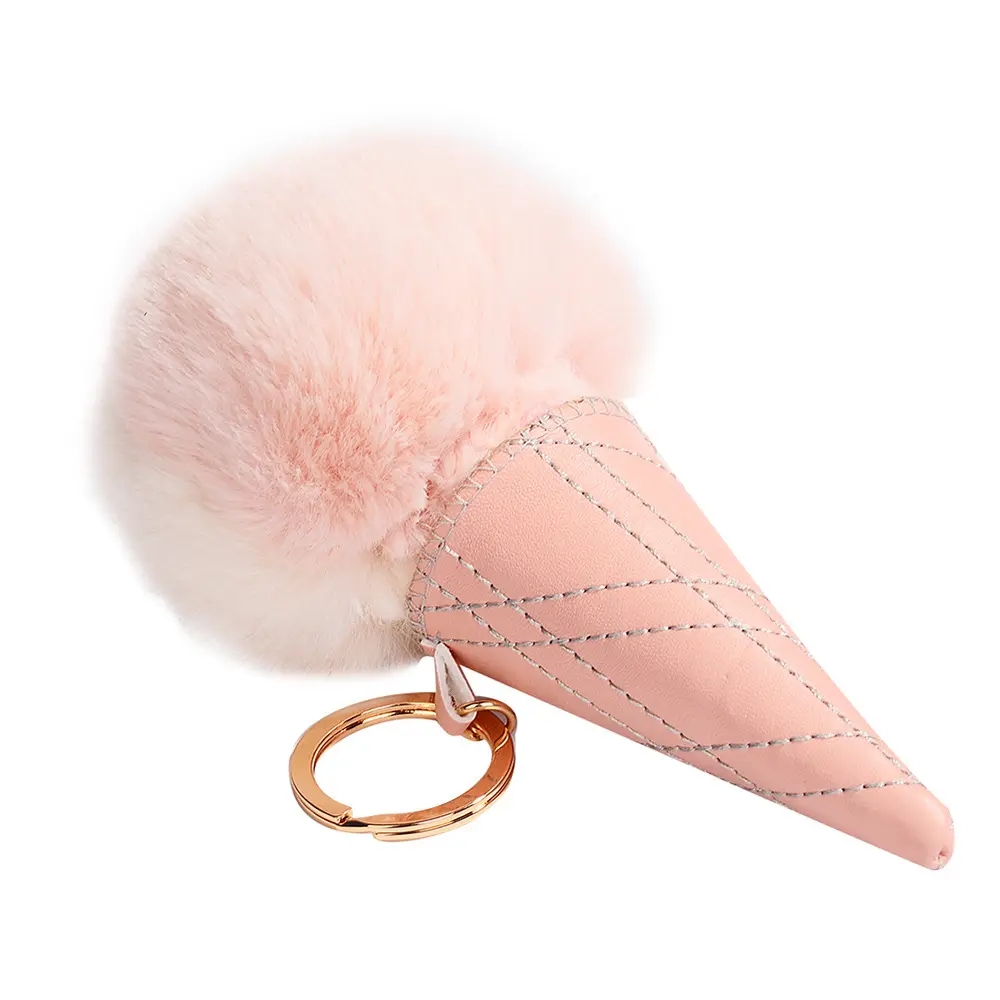 Cute Pink Leather Ice Cream Plush Keychain Pompom Faux Fur Fluffy Pom Pom Ball Bag Pendant Charm Keyring for Girl