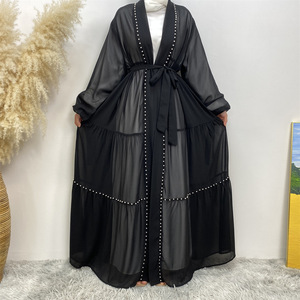 Abito estivo 2025 Dubai Jalabiya modesto abito con perline da donna a manica lunga strass aperto Abaya <span class=keywords><strong>hijab</strong></span> abiti firmati - Product Image 6