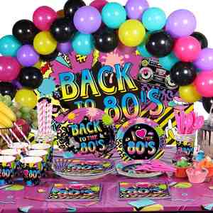 Decoraciones para Fiesta de Cumpleaños de los 80, 146 Piezas, Suministros para Fiesta para 24 Personas, Incluye Platos de Papel, Servilletas, Vasos, Cubiertos, Mantel - Product Image 1
