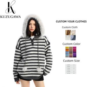 Fabricant de vêtements personnalisé mode coréenne <span class=keywords><strong>Vintage</strong></span> pulls à capuche à rayures lâches col en fourrure à manches longues pulls punk - Product Image 1