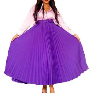 D293P New Design High Waist Large Hem Skirts For Women Pleated Skirts Temperament Ladies Long Skirt With Free Belt