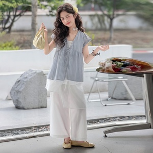 Ensemble élégant deux pièces : haut à manches courtes et pantalon large <span class=keywords><strong>pour</strong></span> grande fille – Idéal <span class=keywords><strong>pour</strong></span> l'été, décontracté, quotidien, et activités de plein air - Product Image 1